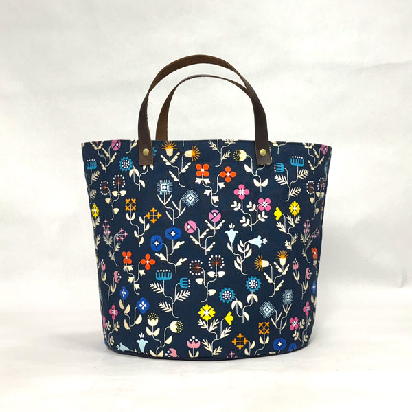 Forget Me Not Navy Oval Bottom Knitting Craft Tote Bag