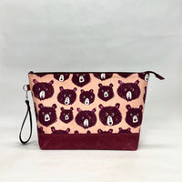 Teddy and the Bears Peach XL Zipper Knitting Project Craft Bag with Detachable Leather Wrist Strap