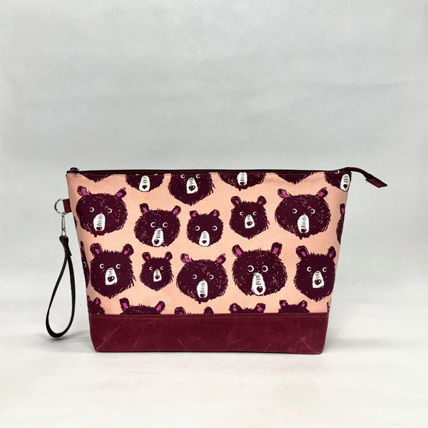 Teddy and the Bears Peach XL Zipper Knitting Project Craft Bag with Detachable Leather Wrist Strap