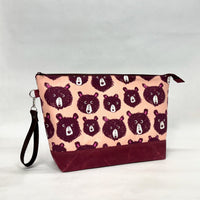 Teddy and the Bears Peach XL Zipper Knitting Project Craft Bag with Detachable Leather Wrist Strap