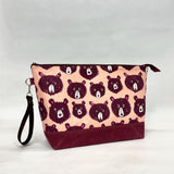 Teddy and the Bears Peach XL Zipper Knitting Project Craft Bag with Detachable Leather Wrist Strap