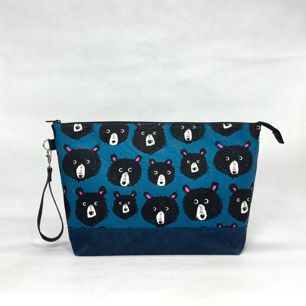 Teddy and the Bears Blue XL Zipper Knitting Project Craft Bag with Detachable Leather Wrist Strap