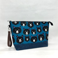 Teddy and the Bears Blue XL Zipper Knitting Project Craft Bag with Detachable Leather Wrist Strap