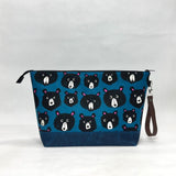 Teddy and the Bears Blue XL Zipper Knitting Project Craft Bag with Detachable Leather Wrist Strap