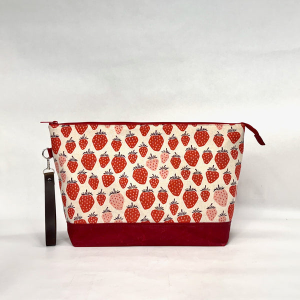 Strawberry Natural XL Zipper Knitting Project Craft Bag with Detachable Leather Wrist Strap