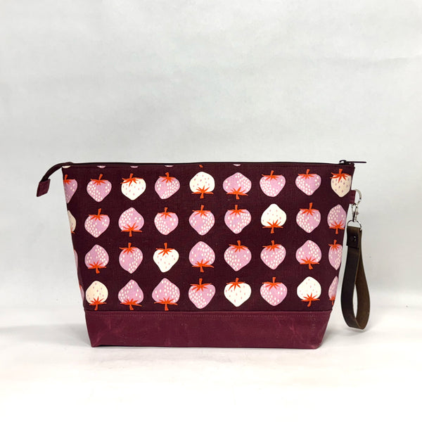 Strawberry Plum XL Zipper Knitting Project Craft Bag with Detachable Leather Wrist Strap