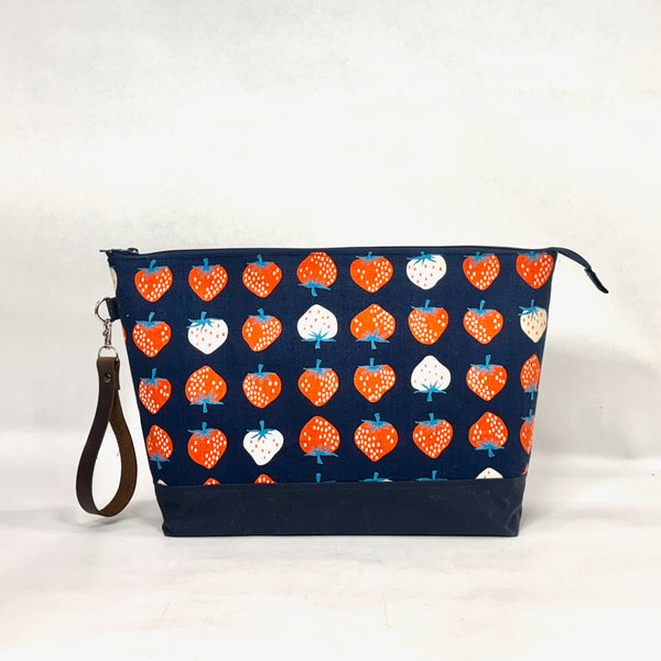 Strawberry Navy XL Zipper Knitting Project Craft Bag with Detachable Leather Wrist Strap