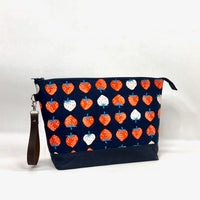 Strawberry Navy XL Zipper Knitting Project Craft Bag with Detachable Leather Wrist Strap