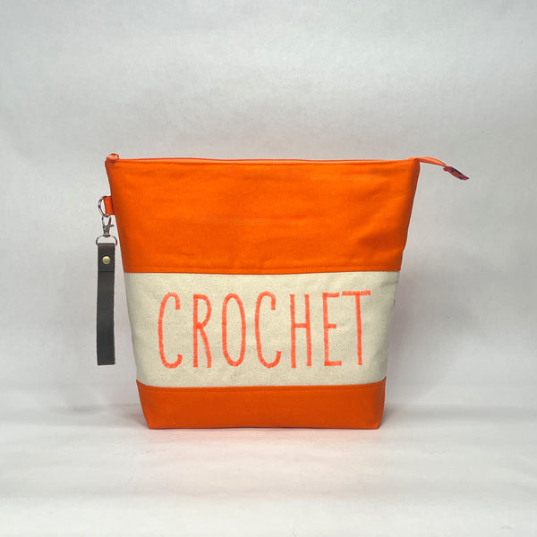 CROCHET Orange Canvas Tall XL Zipper Knitting Project Craft Bag with Detachable Wrist Strap