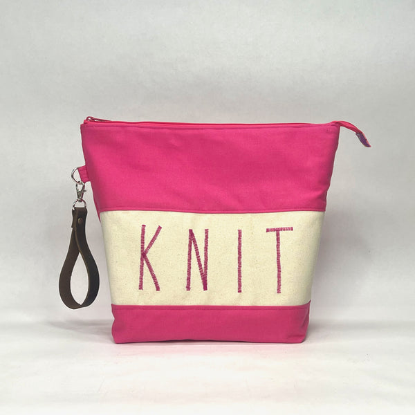 KNIT Hot Pink Tall XL Zipper Knitting Project Craft Bag with Detachable Wrist Strap