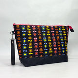Daisy Stripe Black XL Zipper Knitting Project Craft Bag with Detachable Leather Wrist Strap