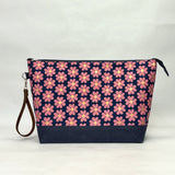 Heart Flowers Navy XL Zipper Knitting Project Craft Bag with Detachable Leather Wrist Strap