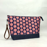 Heart Flowers Navy XL Zipper Knitting Project Craft Bag with Detachable Leather Wrist Strap