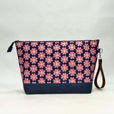 Heart Flowers Navy XL Zipper Knitting Project Craft Bag with Detachable Leather Wrist Strap