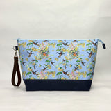 Hummingbird Vine Blue XL Zipper Knitting Project Craft Wedge Bag with Detachable Leather Wrist Strap