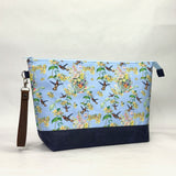 Hummingbird Vine Blue XL Zipper Knitting Project Craft Wedge Bag with Detachable Leather Wrist Strap