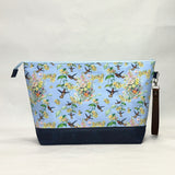 Hummingbird Vine Blue XL Zipper Knitting Project Craft Wedge Bag with Detachable Leather Wrist Strap