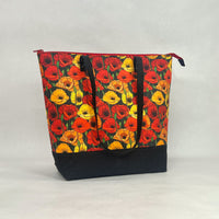 William Morris Poppies / Waxed Canvas Zipper Closure Tote Bag with Leather Straps