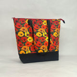 William Morris Poppies / Waxed Canvas Zipper Closure Tote Bag with Leather Straps