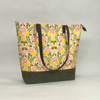 Spring Floral Pink / Waxed Canvas Zipper Closure Tote Bag with Leather Straps