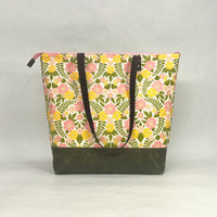 Spring Floral Pink / Waxed Canvas Zipper Closure Tote Bag with Leather Straps