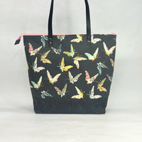 Enchanted Butterflies / Waxed Canvas Zipper Closure Tote Bag with Leather Straps