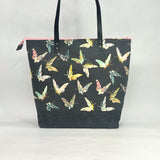 Enchanted Butterflies / Waxed Canvas Zipper Closure Tote Bag with Leather Straps
