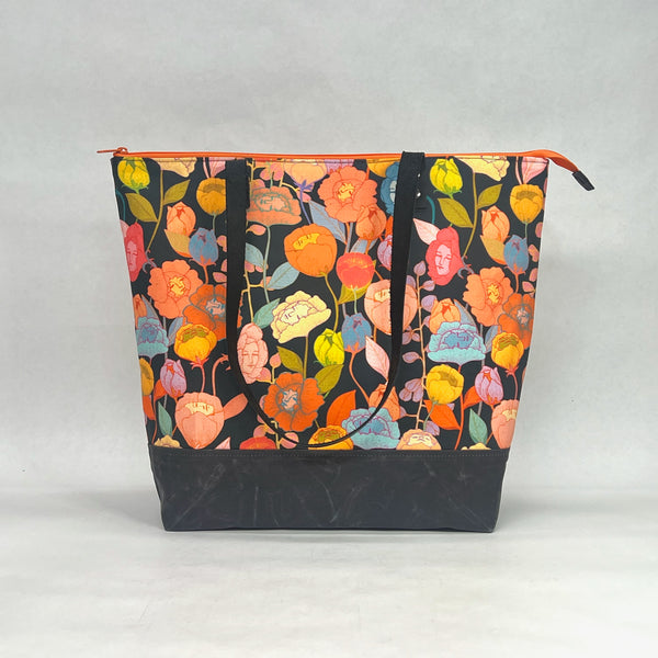 Wonderland Flowers / Waxed Canvas Zipper Closure Tote Bag with Leather Straps