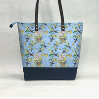 Hummingbird Vine / Waxed Canvas Zipper Closure Tote Bag with Leather Straps