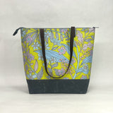 Tree of Life Floral Gold / Waxed Canvas Zipper Closure Tote Bag with Leather Straps