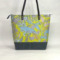 Tree of Life Floral Gold / Waxed Canvas Zipper Closure Tote Bag with Leather Straps