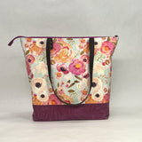 Blushing Floral / Waxed Canvas Zipper Closure Tote Bag with Leather Straps