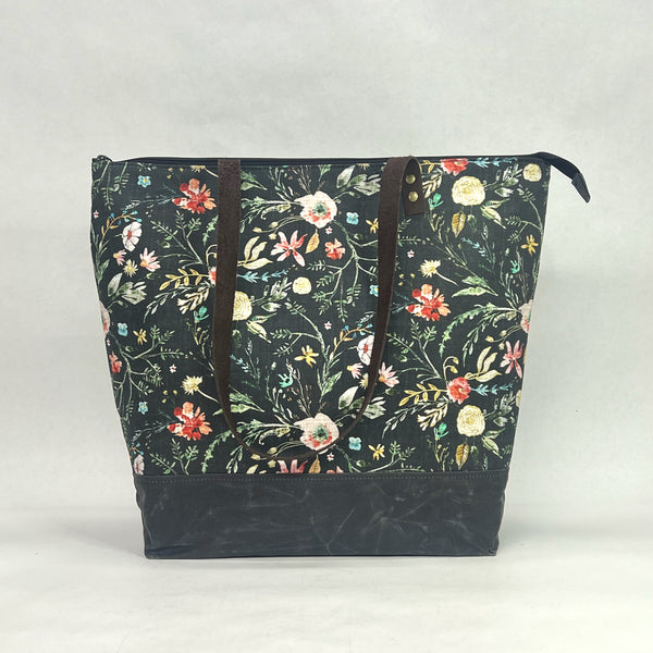 Forever After Floral / Waxed Canvas Zipper Closure Tote Bag with Leather Straps