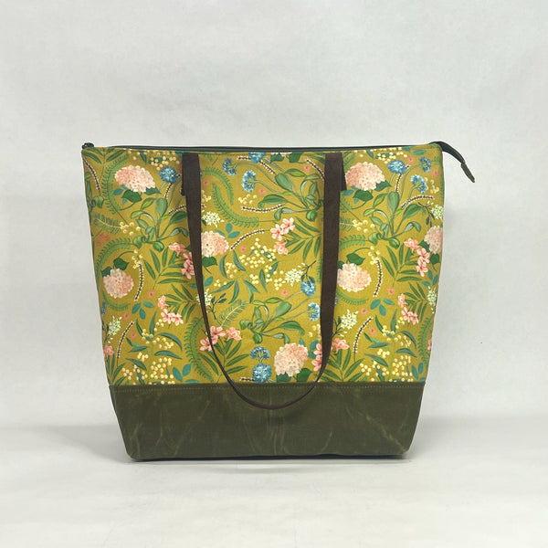 Spring Bloom / Waxed Canvas Zipper Closure Tote Bag with Leather Straps