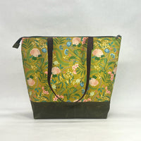 Spring Bloom / Waxed Canvas Zipper Closure Tote Bag with Leather Straps