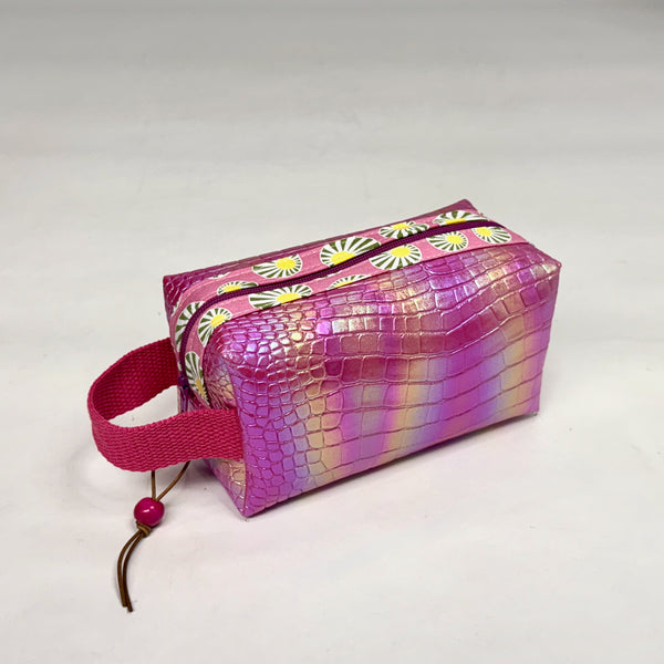 Bright Pink Croc Iridescent PU Boxy Small Zipper Pouch Gadget Case Cosmetics Bag