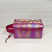 Bright Pink Croc Iridescent PU Boxy Small Zipper Pouch Gadget Case Cosmetics Bag