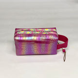 Bright Pink Croc Iridescent PU Boxy Small Zipper Pouch Gadget Case Cosmetics Bag