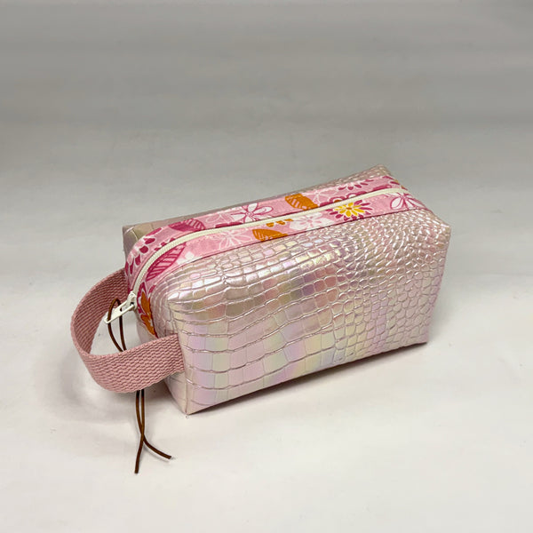 Light Pink Croc Iridescent PU Boxy Small Zipper Pouch Gadget Case Cosmetics Bag