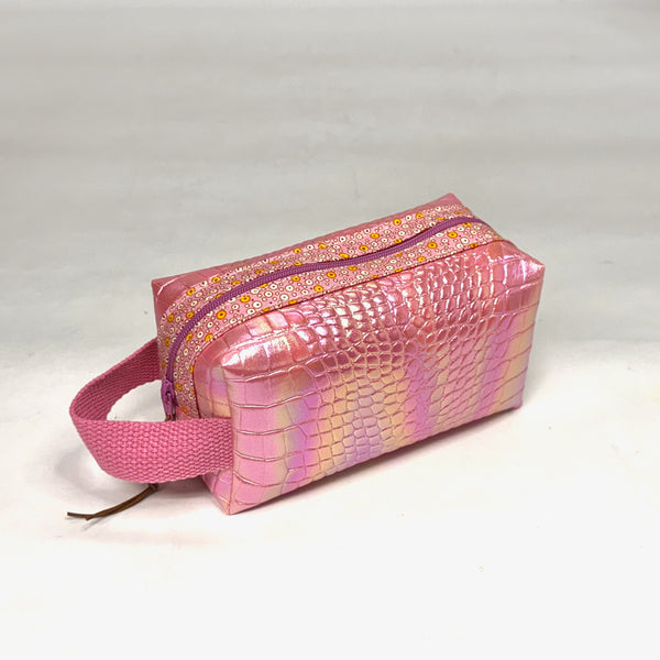 Pink Croc Iridescent PU Boxy Small Zipper Pouch Gadget Case Cosmetics Bag