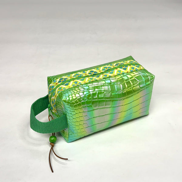 Green Croc Iridescent PU Boxy Small Zipper Pouch Gadget Case Cosmetics Bag