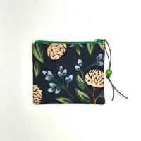Peonies Navy Linen Padded Zipper Pouch / Coin Purse / Gadget / Cosmetic Bag