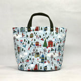 Snowy Christmas Village Oval Bottom Knitting Craft Tote Bag