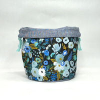 Garden Party Blue Soft Round Large Drawstring Knitting Project Craft Bag