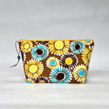 Sunshine Flowers Brown Small Zipper Pouch Gadget Case Cosmetics Project Bag