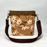 Flowers Pecan Crossbody Zipper Bag with Adjustable Strap