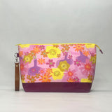 Cut Flowers Pink XL Zipper Knitting Project Craft Wedge Bag with Detachable Leather Wrist Strap