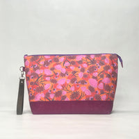 Spring Floral Orange XL Zipper Knitting Project Craft Wedge Bag with Detachable Leather Wrist Strap
