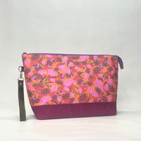 Spring Floral Orange XL Zipper Knitting Project Craft Wedge Bag with Detachable Leather Wrist Strap