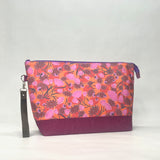 Spring Floral Orange XL Zipper Knitting Project Craft Wedge Bag with Detachable Leather Wrist Strap